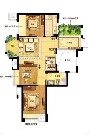 理想康城国际2B3户型-2B3户型-2室2厅1卫1厨建筑面积89.00平米