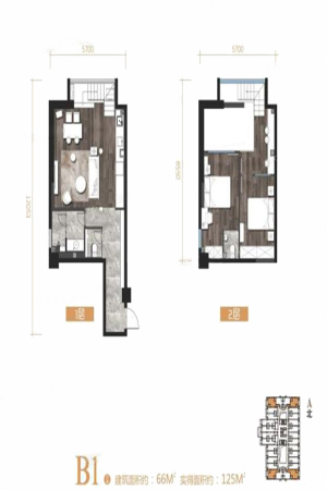 金辉悦府E客公寓66平户型-2室1厅1卫1厨建筑面积66.00平米