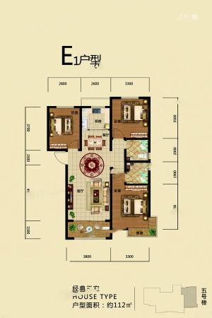 万源雅筑E1户型-3室2厅2卫1厨建筑面积112.00平米