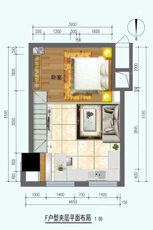 橡嵘湾f平面二层-1室2厅1卫1厨建筑面积44.72平米