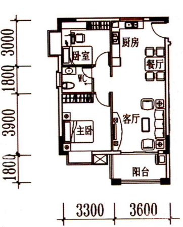 北岸晏城二期A4户型-2室2厅1卫1厨建筑面积73.00平米