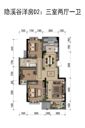 嘉裕第六洲隐溪谷洋房D2型-3室2厅1卫1厨建筑面积97.04平米