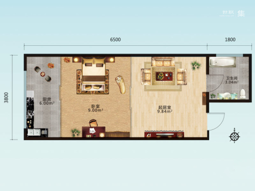 财智公馆1#、2#A户型-1室1厅1卫1厨建筑面积46.22平米