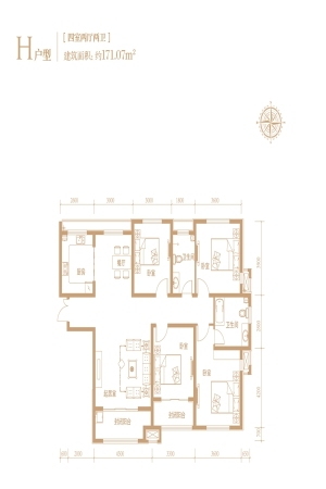 国仕山标准层H户型-4室2厅2卫1厨建筑面积171.07平米