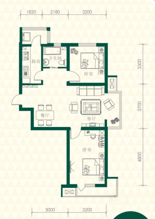 丽江苑L5户型-2室2厅1卫1厨建筑面积82.00平米