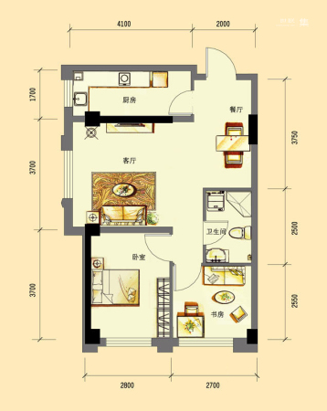 华亿红府公寓A-5户型-2室2厅1卫1厨建筑面积73.00平米