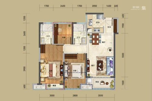 雅居乐国际花园二期G2户型-3室2厅2卫1厨建筑面积89.00平米