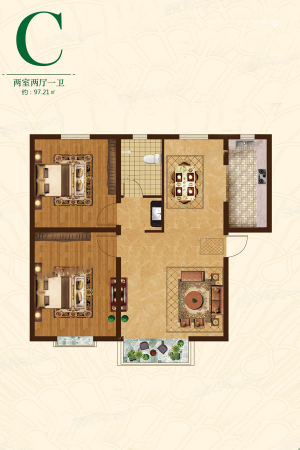 裕西锦园C户型-2室2厅1卫1厨建筑面积97.21平米