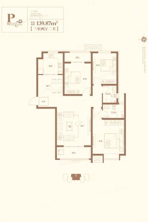 天海·博雅盛世D区P户型-3室2厅2卫1厨建筑面积139.87平米
