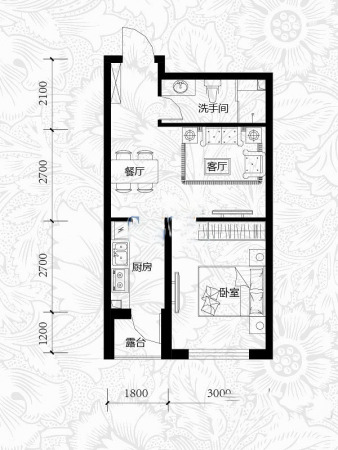 雍华御景17#户型-1室2厅1卫1厨建筑面积49.40平米