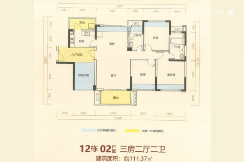 广联博爵12栋02户型-3室2厅2卫1厨建筑面积111.37平米