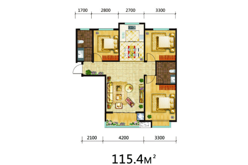 氧派湾标准层D户型-3室2厅2卫1厨建筑面积115.40平米