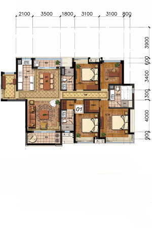 华润天合G5-G7栋01户型-4室2厅3卫1厨建筑面积160.00平米