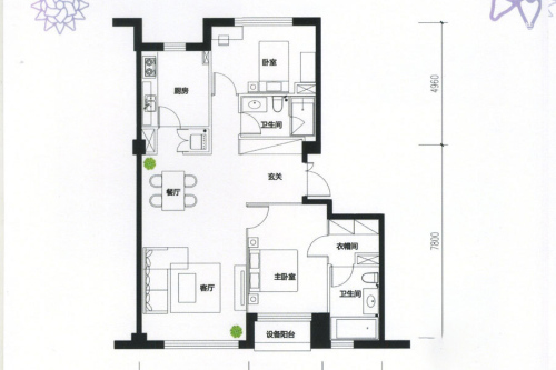 积水·裕沁听月轩A1-8a户型-2室2厅2卫1厨建筑面积127.47平米