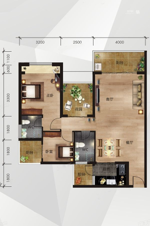中南明珠F1户型-2室2厅2卫1厨建筑面积88.90平米