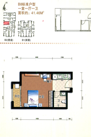 第五街二期二期B栋标准层B8户型-1室1厅1卫1厨建筑面积41.46平米