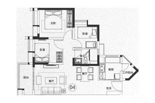 保利紫云B1-04户型-3室2厅1卫1厨建筑面积89.70平米