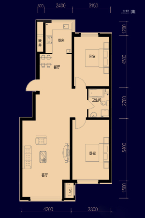 鑫丰·雍景豪城二期高层D3户型-2室2厅1卫1厨建筑面积108.00平米