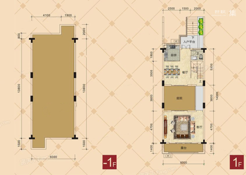美林春天别墅E户型-1F、1F-4室2厅4卫1厨建筑面积187.00平米