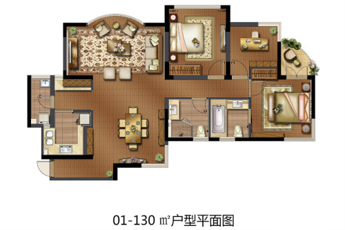 趣园130平米户型-3室2厅2卫1厨建筑面积130.75平米