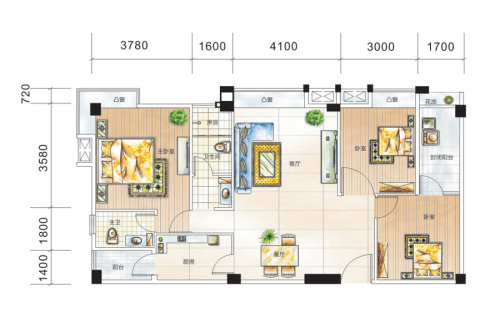 凯润嘉园A户型-3室2厅2卫1厨建筑面积125.14平米