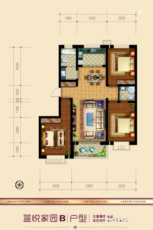 蓝悦家园所有楼号标准层B户型-3室2厅2卫1厨建筑面积122.46平米