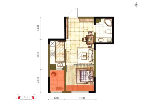 新湖青蓝国际3期A2户型-1室2厅1卫1厨建筑面积46.05平米