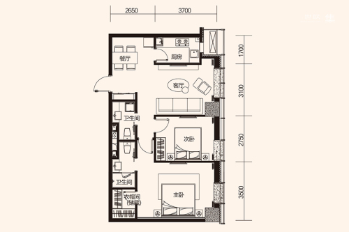 华府新天地B3#B户型-2室2厅2卫1厨建筑面积98.52平米