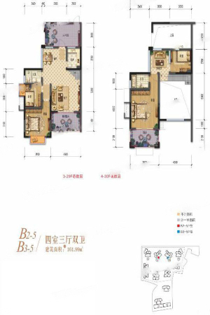 棠湖清江花语一期B2-5、B3-5户型标准层-4室3厅2卫1厨建筑面积161.99平米