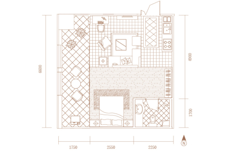 新泉城大厦公寓B10户型-1室1厅1卫1厨建筑面积54.00平米