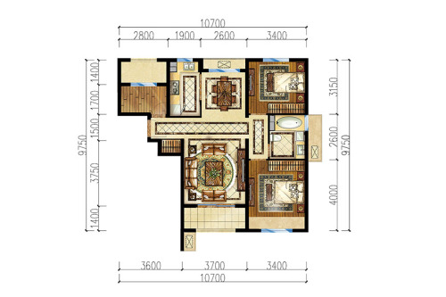 中海金玺公馆97平标准层户型-3室2厅1卫1厨建筑面积97.00平米