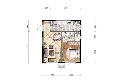 万科公园大道E3户型-1室1厅1卫1厨建筑面积65.00平米