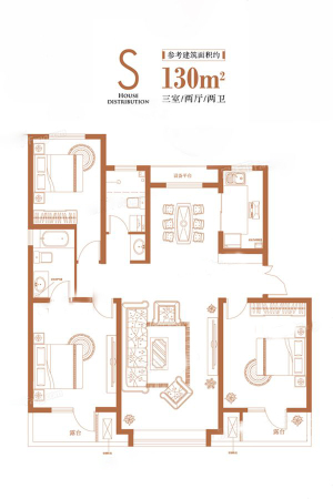 华润·中海·江城S户型-3室2厅2卫1厨建筑面积130.00平米