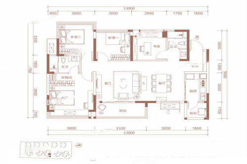 海伦印象7#1单元、8#1单元标准层D2户型-4室2厅2卫1厨建筑面积122.00平米