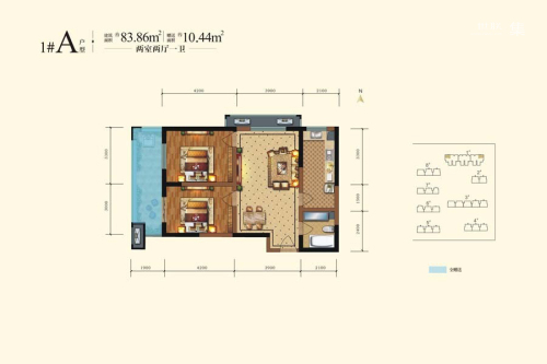 铜雀台1#楼A户型-2室2厅1卫1厨建筑面积83.86平米