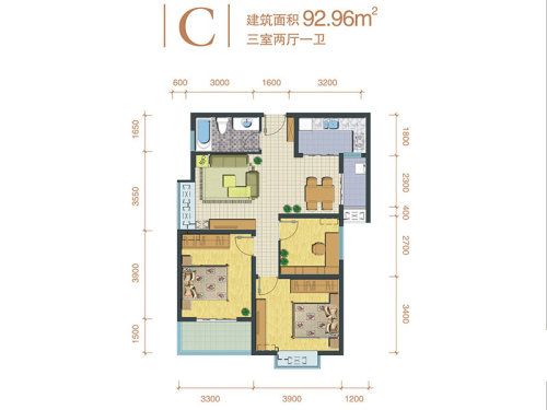 宏府龙翔长安13号楼C户型-3室2厅1卫1厨建筑面积92.96平米