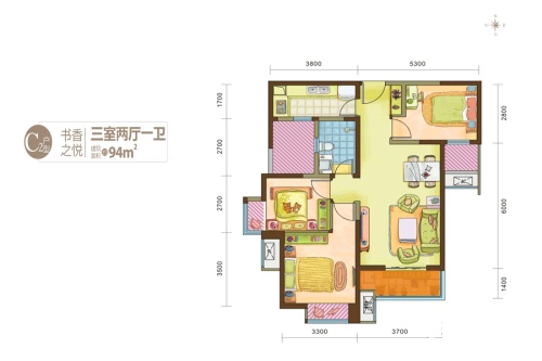 御锦城94平米户型-3室2厅1卫1厨建筑面积94.00平米