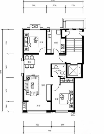 一品嘉园B边户型-B边户型-2室2厅1卫1厨建筑面积88.00平米