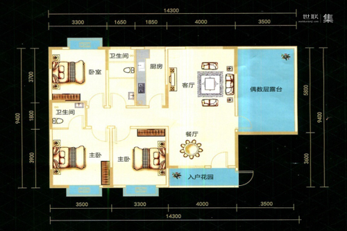 九悦廷B2户型-3室2厅2卫1厨建筑面积124.26平米