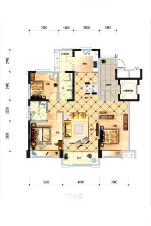 碧桂园凤凰城115小高户型图-3室2厅2卫1厨建筑面积115.00平米