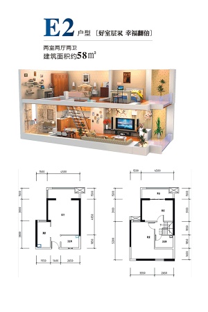 西旅·逸都E2户型-2室2厅2卫1厨建筑面积58.00平米