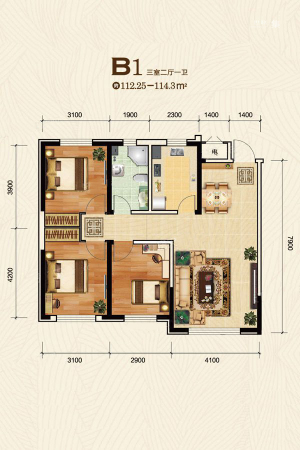 万龙台北明珠三期B1户型图-3室2厅1卫1厨建筑面积112.25平米