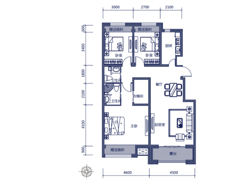 隆都世界湾舒馨居户型-3室2厅2卫1厨建筑面积121.00平米