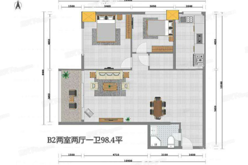 西安昆明城市花园98.4平户型-2室2厅1卫1厨建筑面积98.40平米