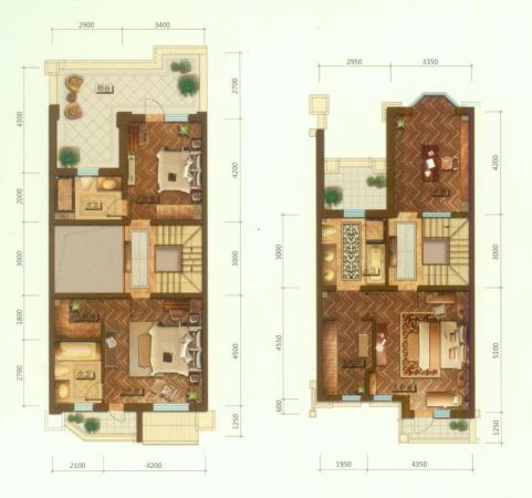 华瀚净月公馆联排B2户型二层和三层-5室3厅5卫1厨建筑面积220.00平米