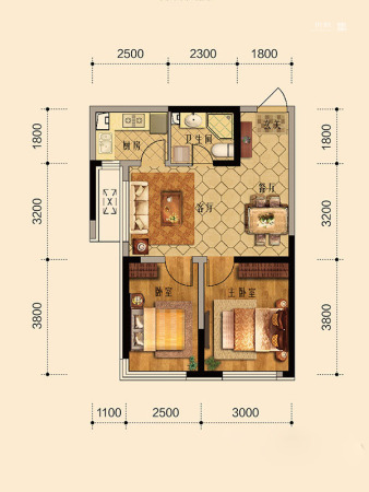 万锦·红树湾A户型-2室2厅1卫1厨建筑面积61.86平米