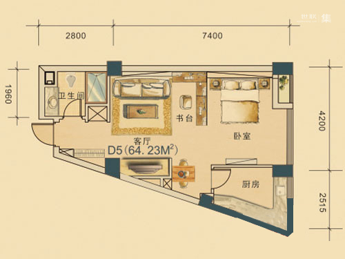 东海水景城蓝钻1号D5户型-1室1厅1卫1厨建筑面积64.23平米