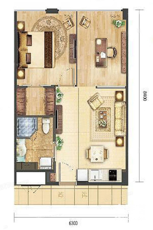 杭州未来广场68方C户型-2室2厅1卫1厨建筑面积68.00平米