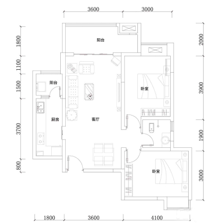 同创芳华美地一期4栋标准层A户型-2室2厅1卫1厨建筑面积84.00平米