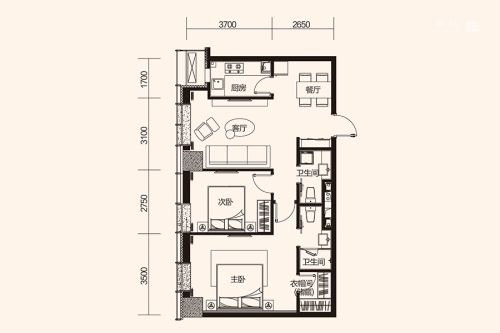 华府新天地B3#B`户型-B3#B`户型-2室2厅2卫1厨建筑面积98.52平米